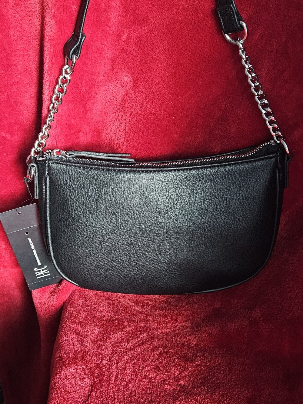 NWT - INC International Concepts Black Pebbled Shoulder Bag w/Silver Chain Strap